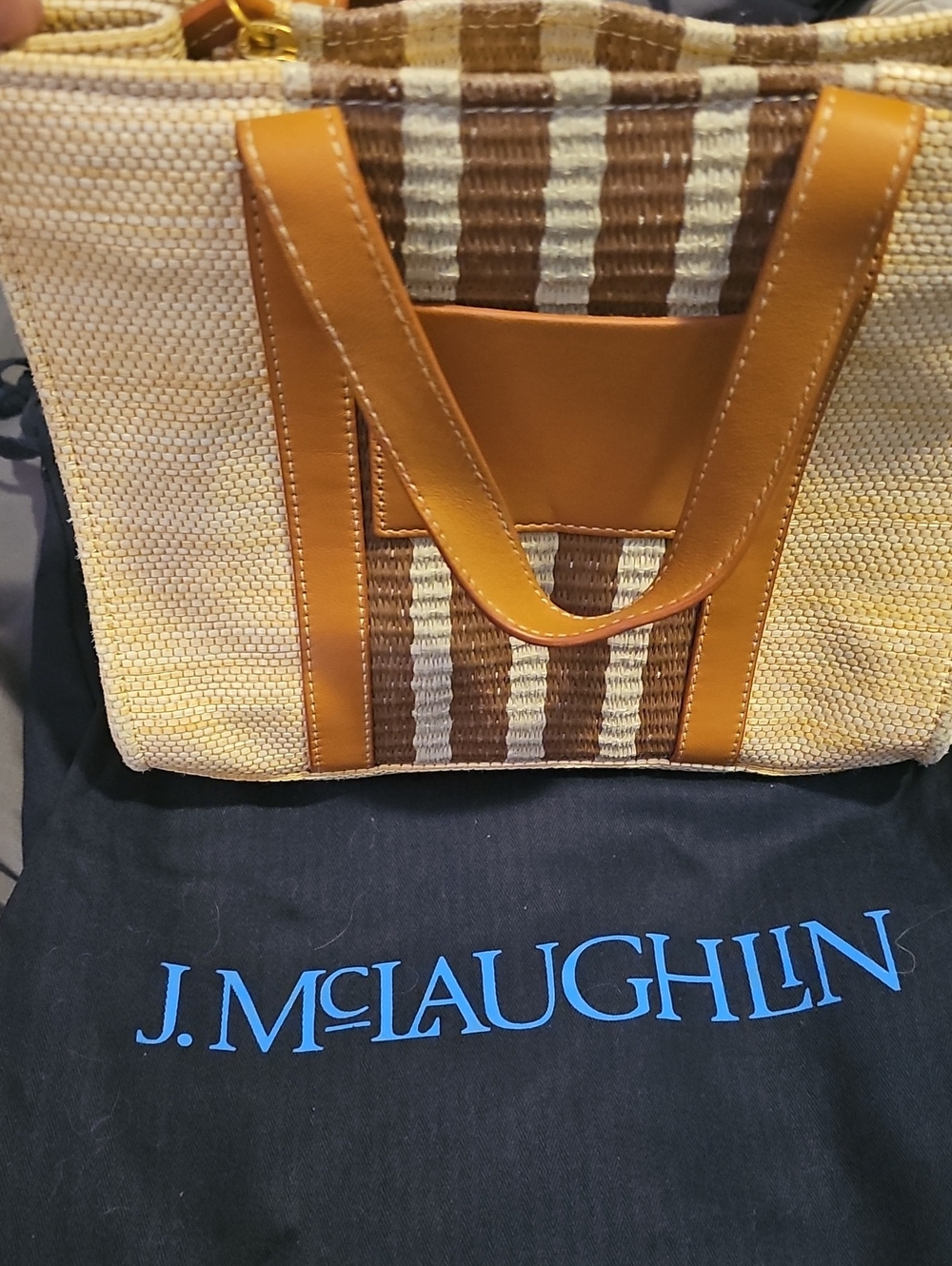 J. McLaughlin Tan and Brown Woven Duffel Tote
